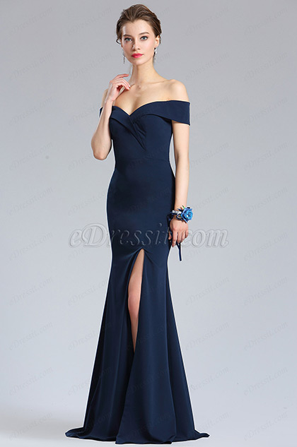 New Navy Blue Off Shoulder Slit Prom Evening Dress