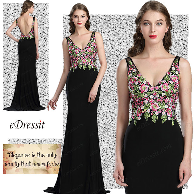 Sexy Floral Embroidery Long Black Evening Dress