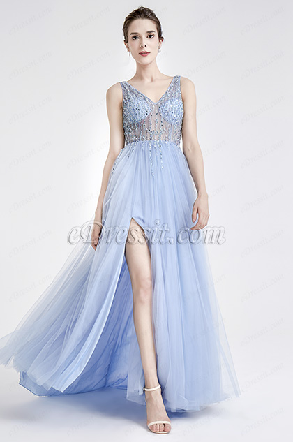 Blue Sparkly V Cut Beaded Women Evening Dresses
