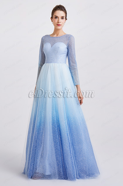 2019 New Shiny White-Blue Sleeves Party Formal Dress