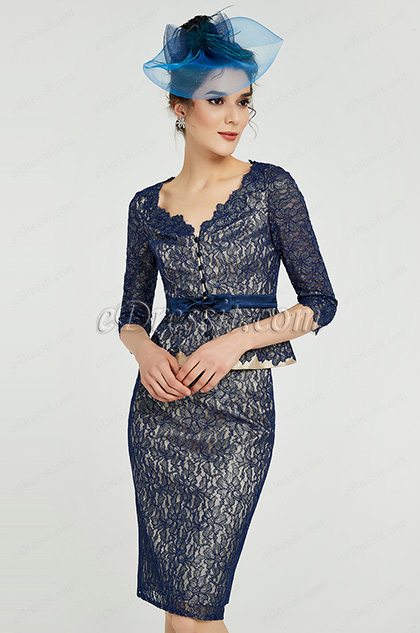 Blue Floral Lace Mother of the Bride Party Dress
