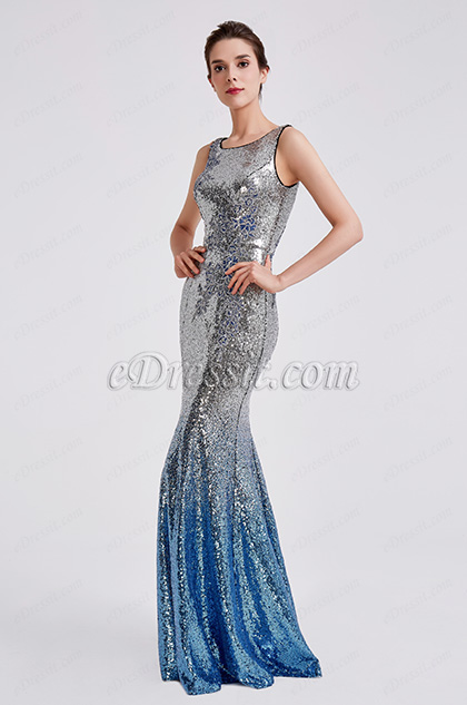 2019 New Sequins Silver-Blue Party Evening Dress 