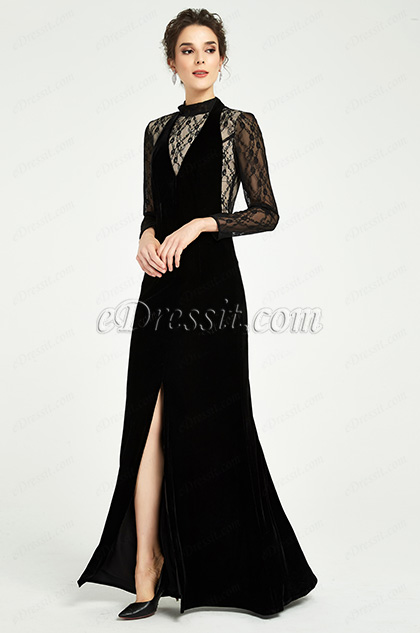 Black High Neck Lace Sleeves Slit Party Dress