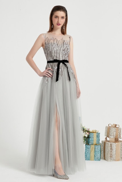 Grey Illusion Neck Embroidery Tulle Party Prom Gown